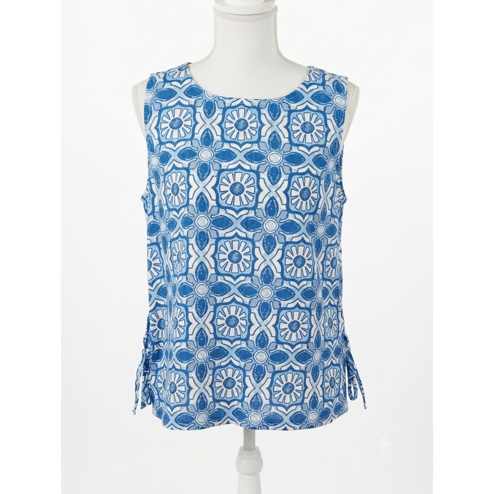 Charlie B Women Blue White Geometric Tile Print Linen Blend Tie Side Tank Top S